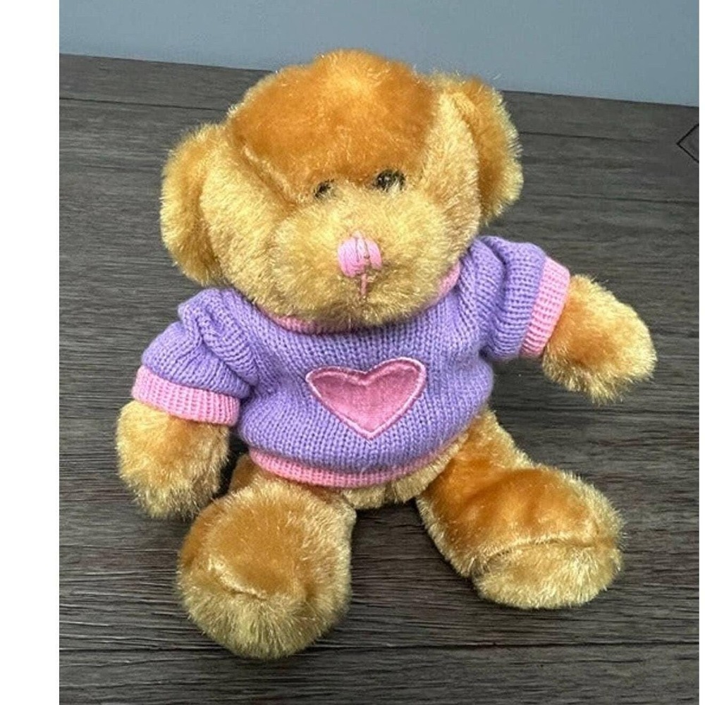 Dan Dee Collectors Choice Teddy Bear Plush Purple Heart Sweater Vintage Gold Toy